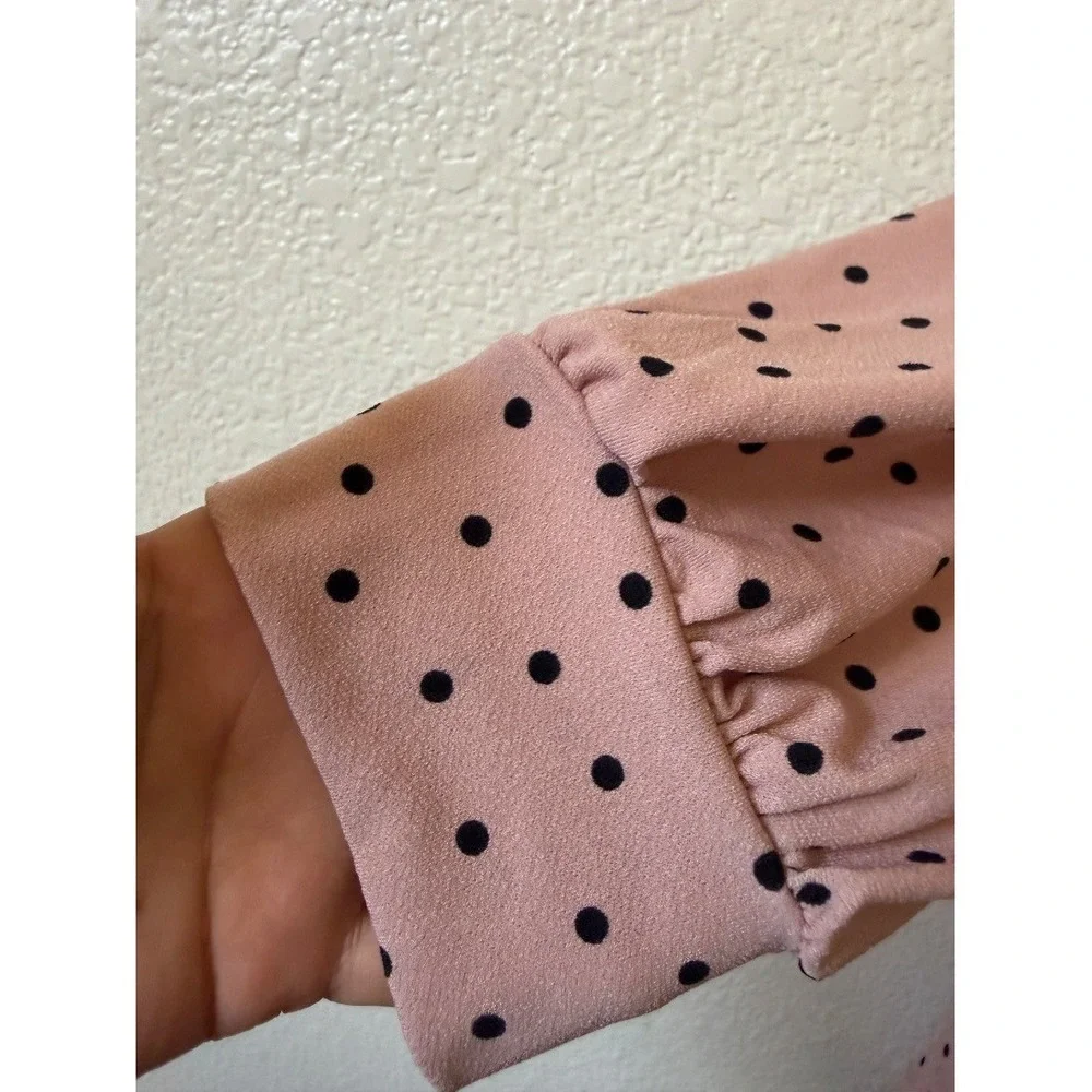 Adrianna Papell Womens Blouse Pink Polka Dot Tie Neck Long Sleeve Top L